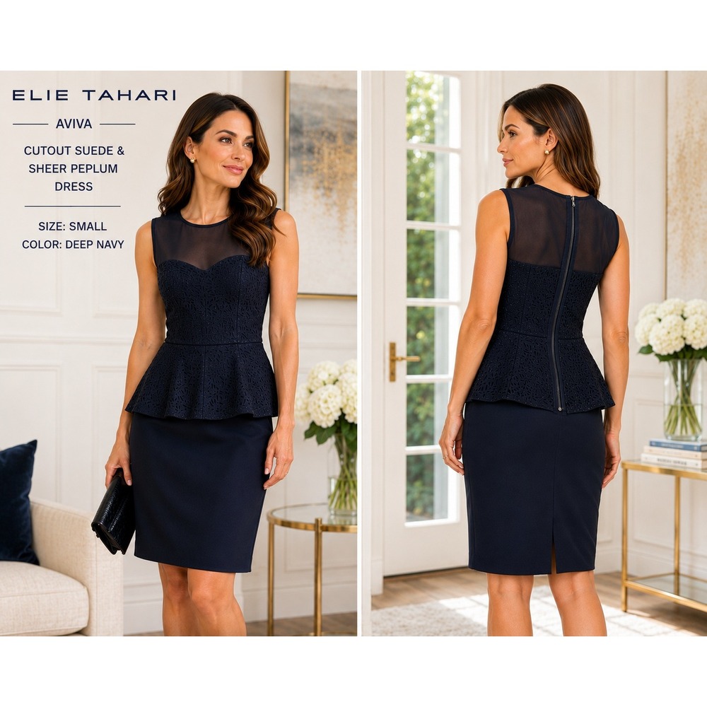 Elie Tahari Aviva Womens S Navy Cutout Suede Silk Sheer Peplum Pencil Dress 1830